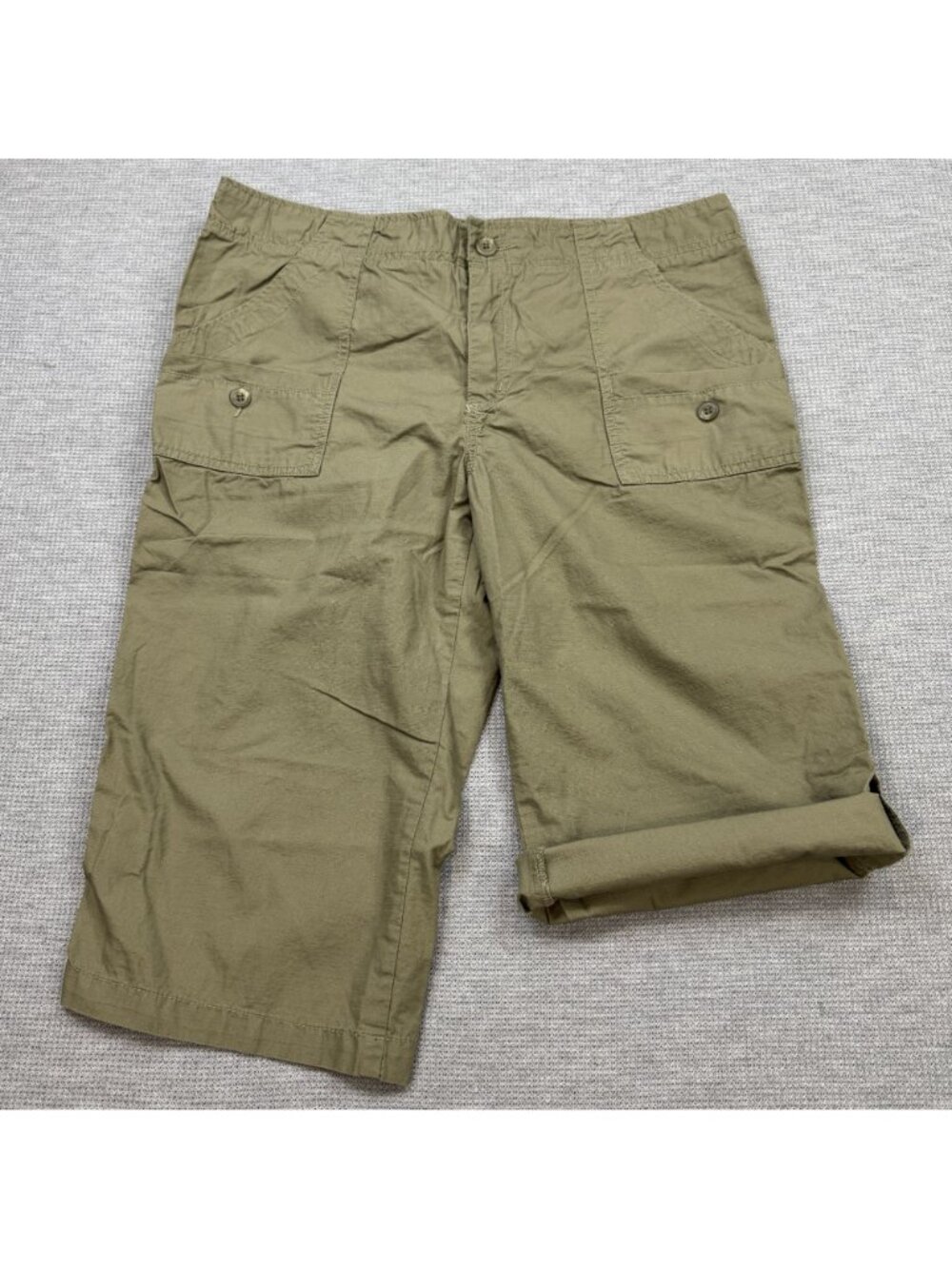 Caribbean Joe Cargo Capris Womens Size 12 Khaki Pockets Tab Cuffs 100% Cotton - Picture 2 of 13